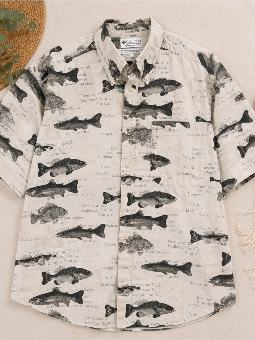 Vintage Columbia Fish Print Button Up Shirt Men’s Large Fishing Shirt